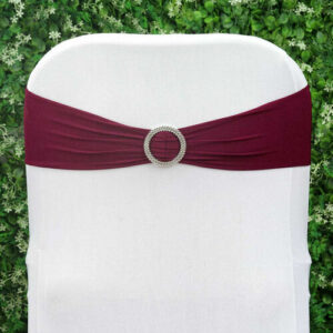 Burgundy Spandex Chair Sashes with Silver Diamond Buckle